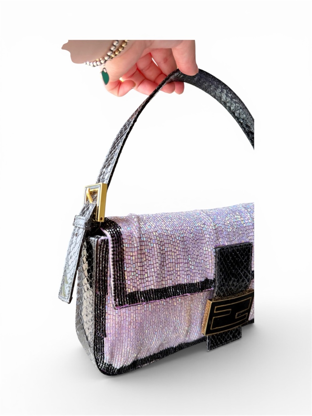 Vintage Fendi Iridescent Lilac Beaded Python Baguette - Picture 9 of 10